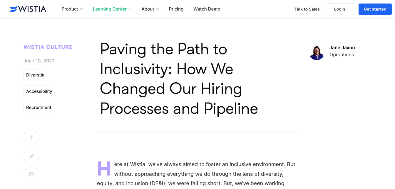 Screenshot of an article about inclusive hiring from the Wistia blog